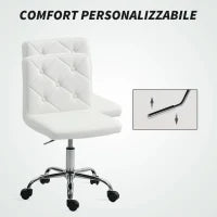 Sedia da Ufficio Regolabile con Rivestimento a Bottoni, in Pelle PU, Schiuma e Acciaio, 44x50x78-88 cm, Bianco