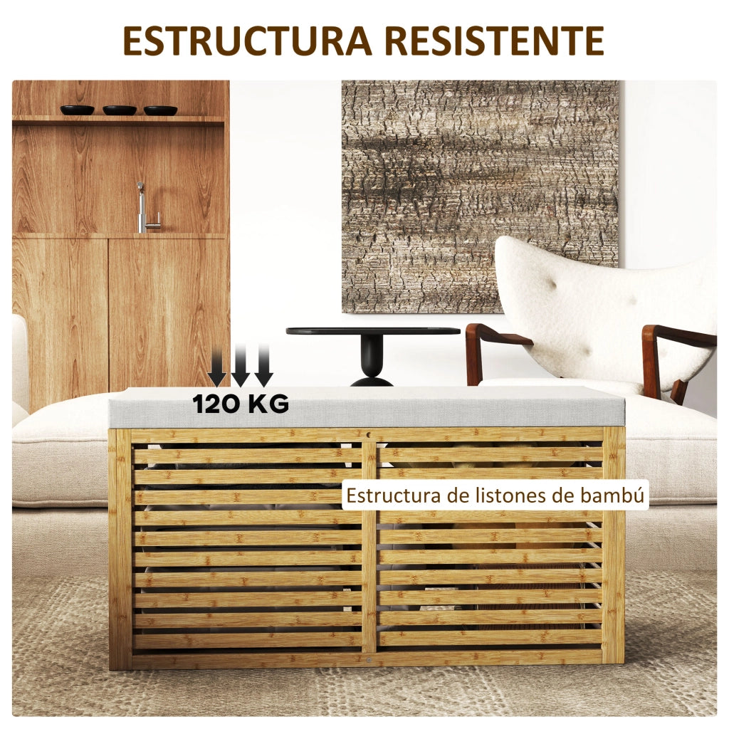 Panca contenitore con cuscino ¨C Xylo ¨C bamb¨´ e lino grigio 90x42x43 cm
