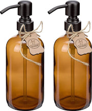 Set di dispensatori di sapone in doppia dispensa con bottiglia di vetro marrone con pompa in acciaio inox 304 in nero opacchiuso (2 pezzi da 500 ml)