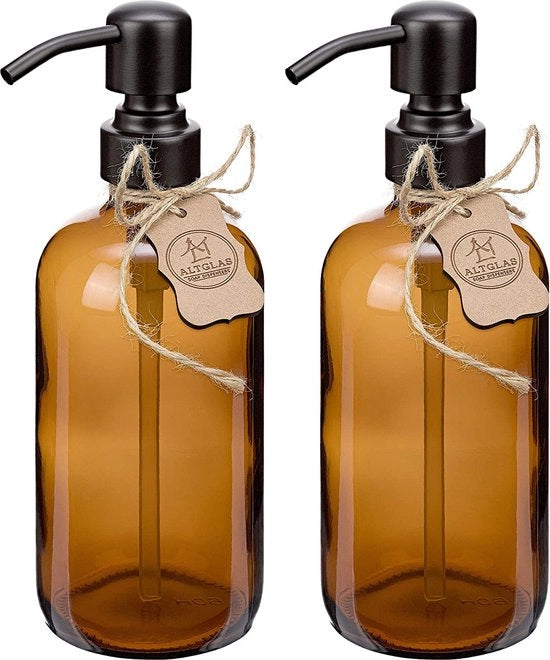 Set di dispensatori di sapone in doppia dispensa con bottiglia di vetro marrone con pompa in acciaio inox 304 in nero opacchiuso (2 pezzi da 500 ml)