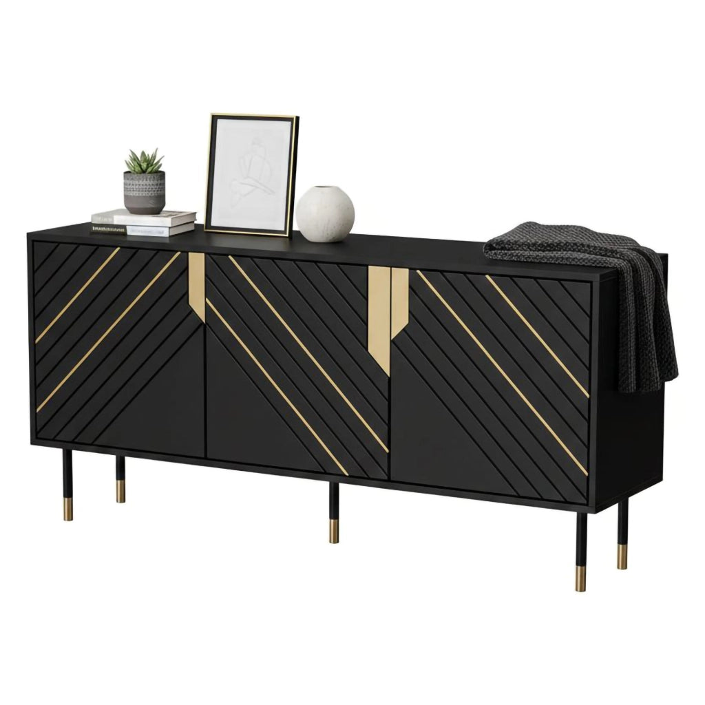 Credenza Cossogno, Madia da salotto con tre ante battenti e vani interni, Rialzata da terra, 154x40 h72 cm, Nero e Oro