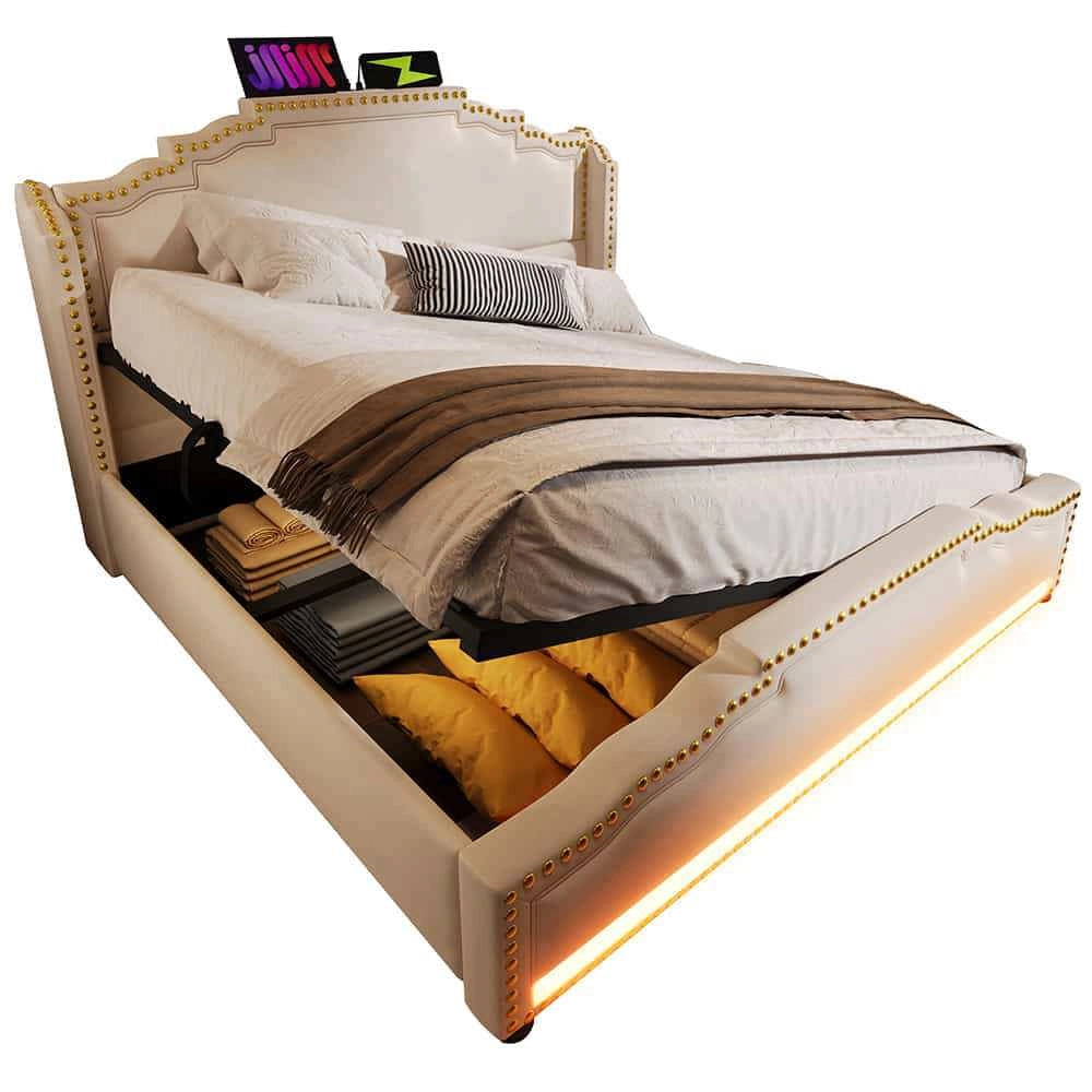 Letto matrimoniale-Xylo-160x200 cm-idraulico, LED, USB-C, velluto beige, con materasso