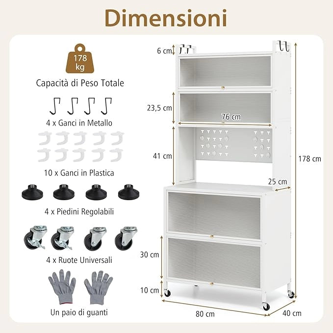 Credenza Alta per Cucina con 6 Ripiani e 4 Ante a Ribalta Traslucide, Mobile Cucina con Ruote e Panello a Ganci, Armadio Cucina Porta Microonde (80 x 40 x 178 cm,Bianco)