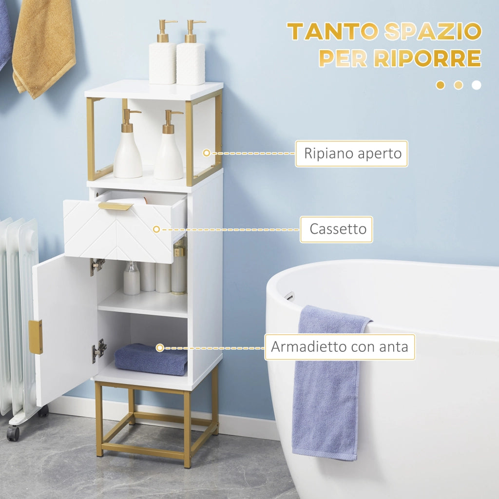 Mobile Bagno con Cassetto, Armadietto e Ripiano ¨C zephmum ¨C Legno e Metallo, Bianco, 30x30x105cm