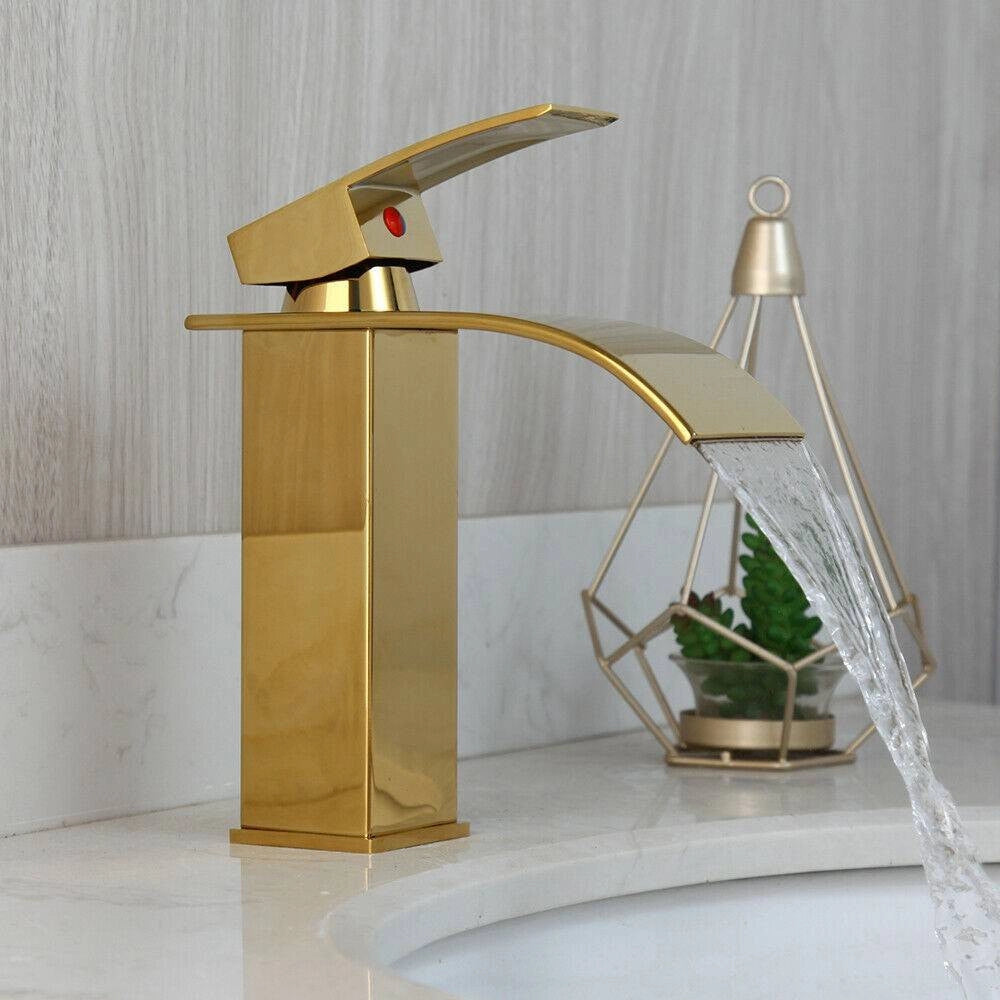 Trade Shop - Rubinetto Oro Da Bagno Design Moderno A Cascata Miscelatore Monocomando Dorato -