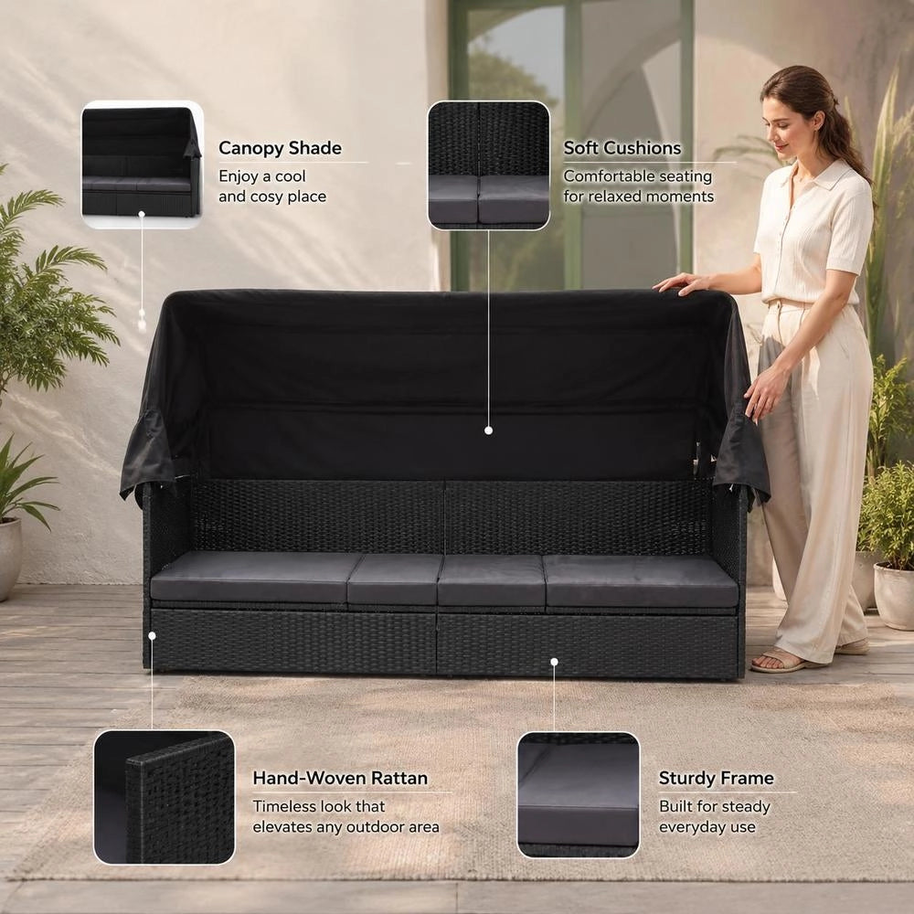 Outdoor Sofa Bed With Canopy, Poly Rattan, Black