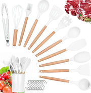 Set di accessori da cucina, 12 pezzi + 10 accessori da cucina non aderenti con manico in legno resistenti al calore per accessori da cucina da cucinare, set di oggetti da cucina in silicone (bianco)