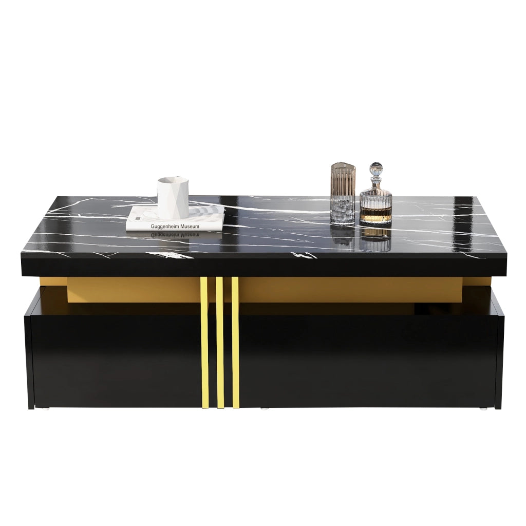 Tavolino da caff¨¨ rettangolare moderno nero con piano effetto marmo, 2 cassetti e struttura in truciolare, 100 x 50 x 40 cm