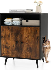 Mobile per Lettiera per Gatti, Casetta per Gatti con Ingresso, Gambe Inclinate e Scomparto Aperto, Tavolino in Legno Versatile per Salotto, 60 x 45 x 75 cm, Marrone e Nero