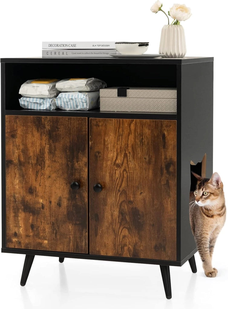 Mobile per Lettiera per Gatti, Casetta per Gatti con Ingresso, Gambe Inclinate e Scomparto Aperto, Tavolino in Legno Versatile per Salotto, 60 x 45 x 75 cm, Marrone e Nero