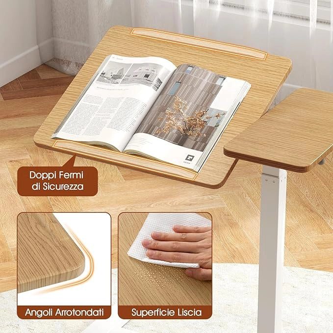 Tavolo per Computer, Tavolino Portatile e Regolabile in Altezza con Piano Inclinabile e 2 Fermi, Desk a Forma di C con Ruote per Camera da Letto e Ufficio, 68 x 49 x 70-103,5 cm