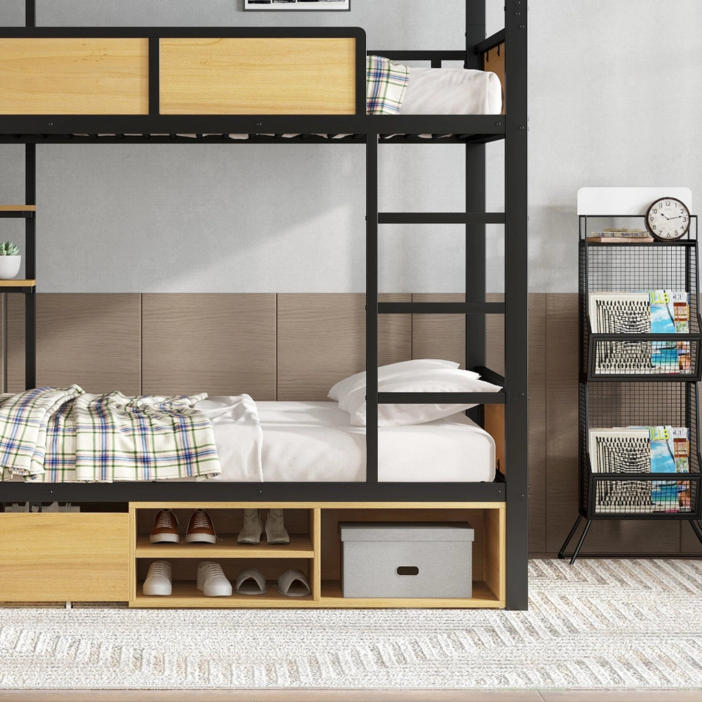 OKWISH Letto a castello 90×200 cm, Letto Singolo con 2 Ripiani Laterali, 2 Cassetti e Vano Contenitore, senza Materasso, MDF e Metallo, Nero e Naturale