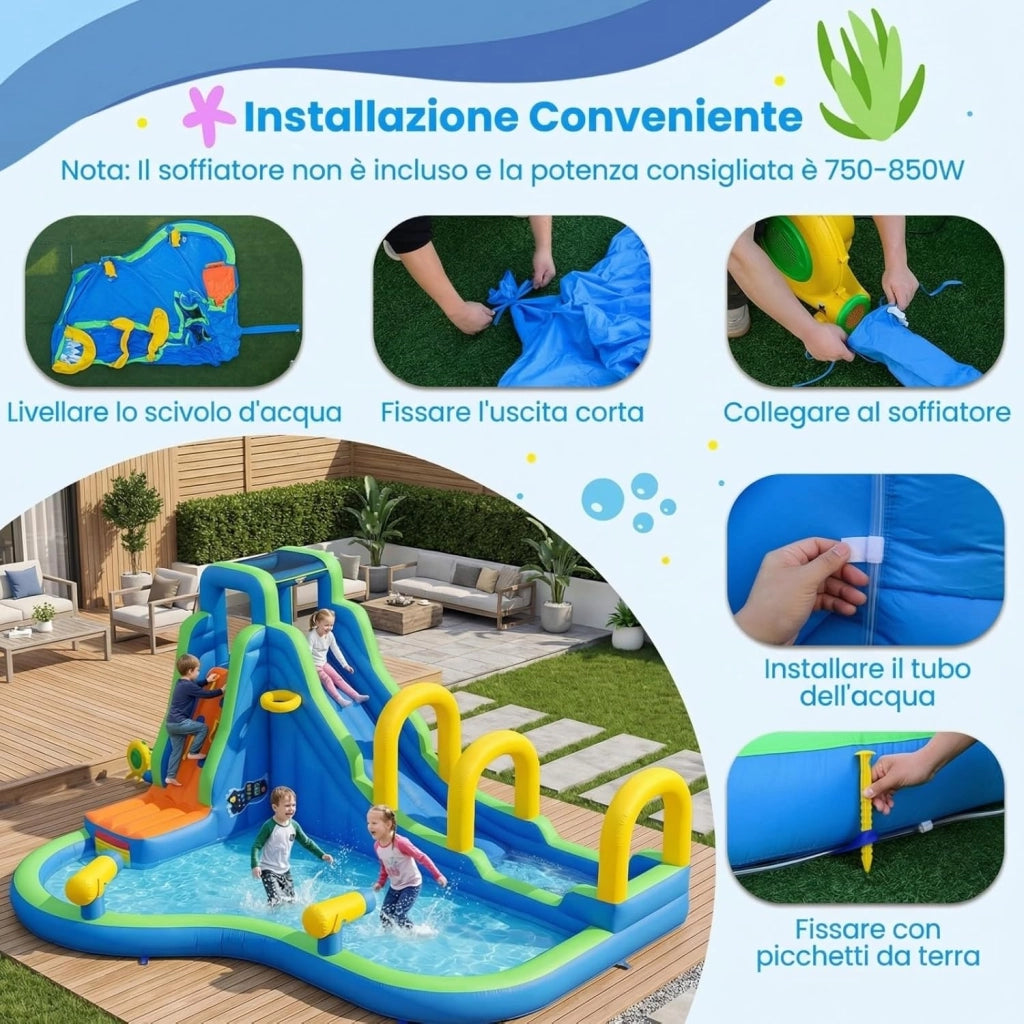 Castello Gonfiabile Per Bambini, Con Scivolo, Piscina e Muro Arrampicante, Per 4 Bambini 4-12anni, Con Borsa di Trasporto e Kit di Riparazione, Regalo Perfetto per Bambini (Senza soffiatore)