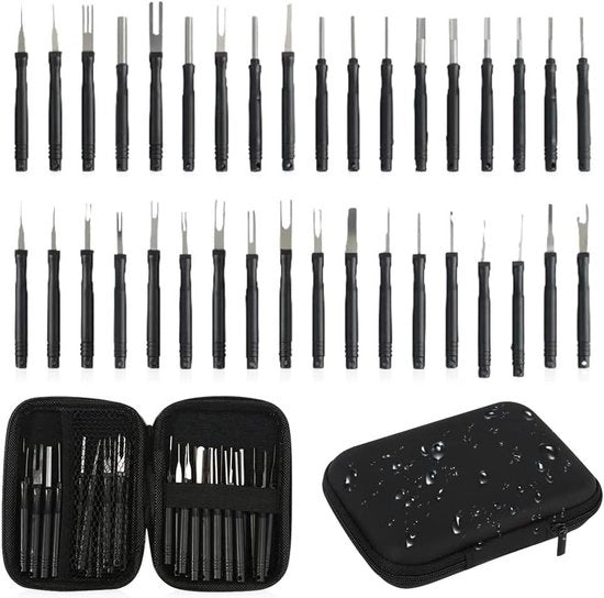 Set di strumenti per rimozione terminali per cavi di collegamento auto, kit di rimozione pin con fodero per la maggior parte dei connettori terminali, 36 pezzi