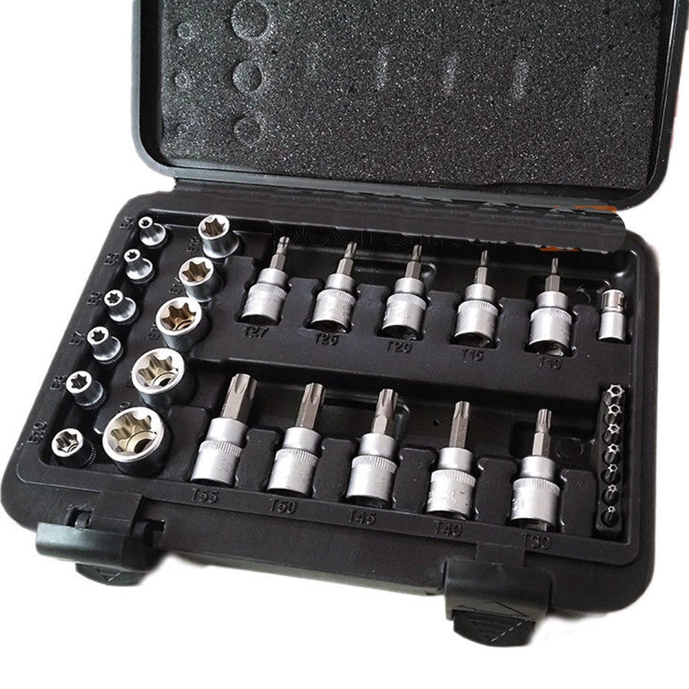 Trade Shop - Kit Set Inserti Chiavi Bussole Torx Hex 29 Pz Attacchi 1/4" 3/8" Maschio Femmina -