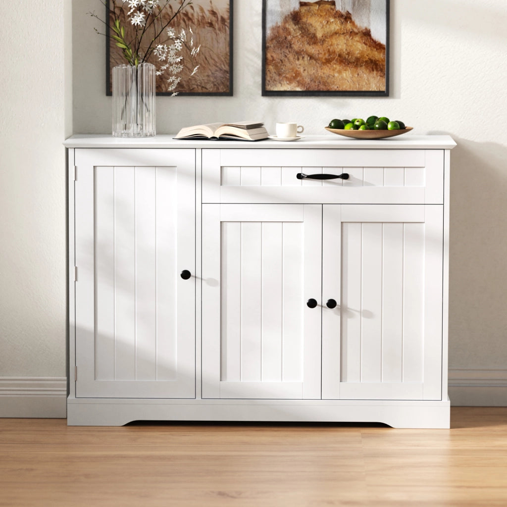 Credenza con 3 ante e 1 cassetto; ripiani regolabili - per soggiorno - in MDF - bianco