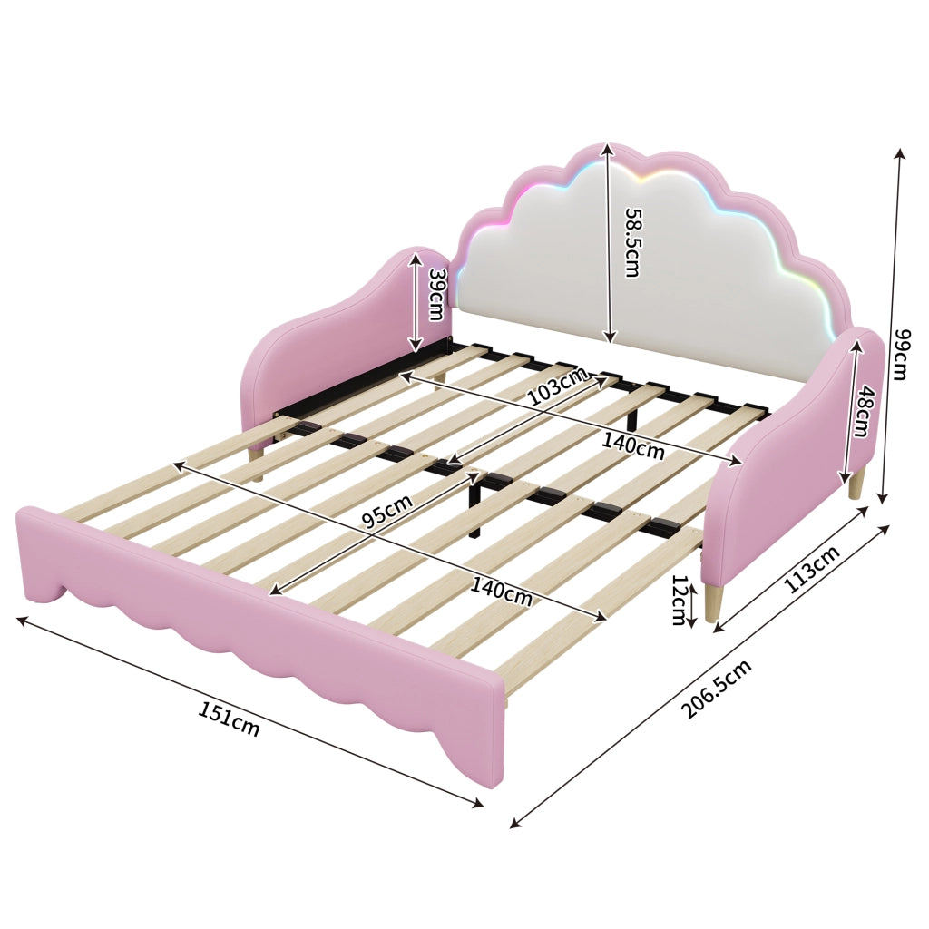 OKWISH Letto Combinato 140×198 cm, Letto Matrimoniale convertibile con LED Multicolore e Testiera, senza Materasso, in PU, Rosa
