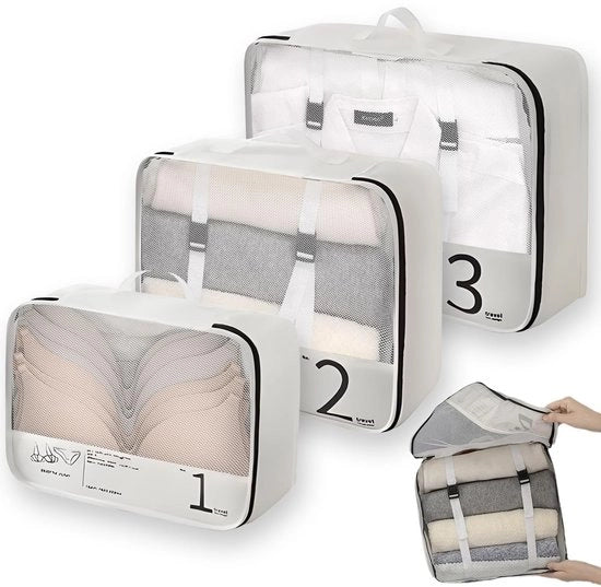 Set di Cubi di Packing da 3 pezzi - Organizzatori di Bagaglio - Tasche di Stivaggio per Bagaglio - Borse con Ventilazione a Mesh - Ideali per Abbigliamento e Sottovestiti - Vari Dimensioni - Tasche di Stivaggio