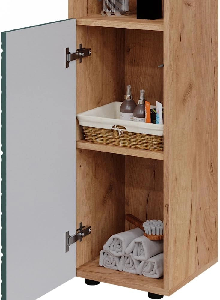 Mobile midi Irma, Quercia verde/oro, 30 x 95 cm, per la conservazione di accessori da bagno e combinabile con Irma