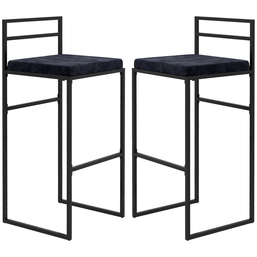 Set 2 Sgabelli Alti da Bar ¨C Xylo ¨C Velluto Nero con Cuscino e Poggiapiedi H74cm