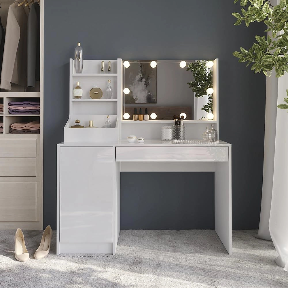 Tavolo da toeletta Sherry, Bianco/bianco lucido, 119.8 cm 4 parti