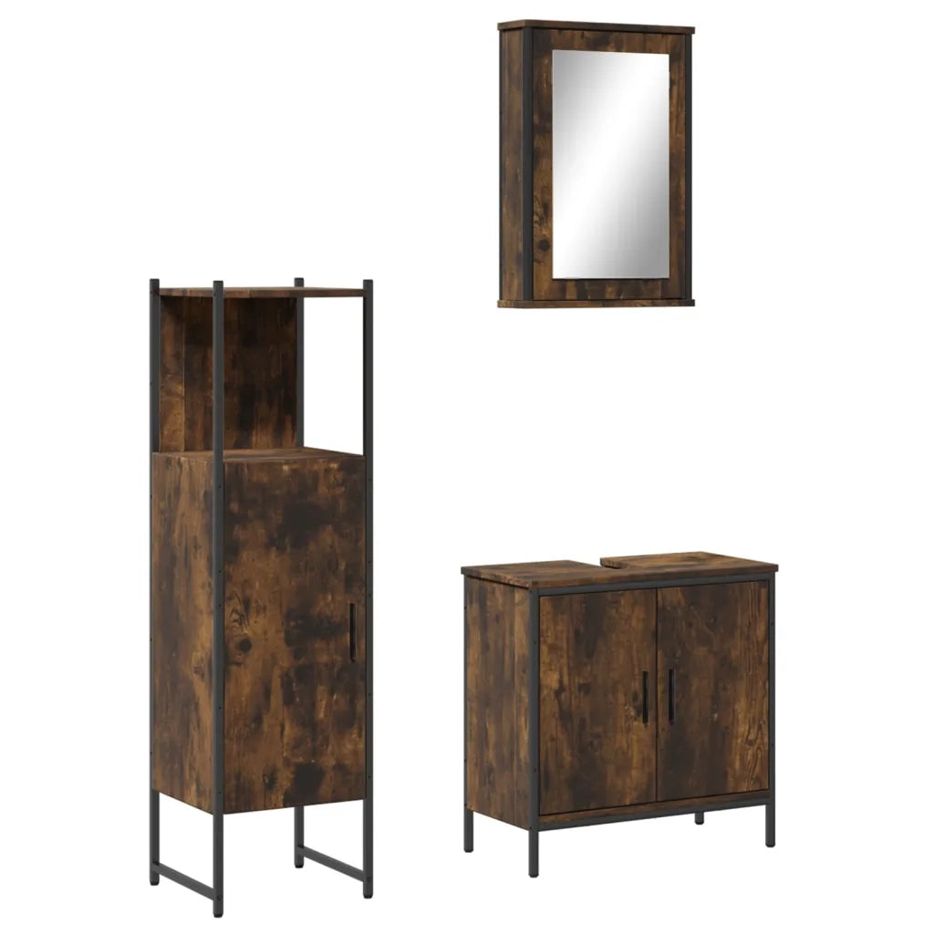 Set Mobili da Bagno 3 pz Rovere Fumo in Legno Multistrato