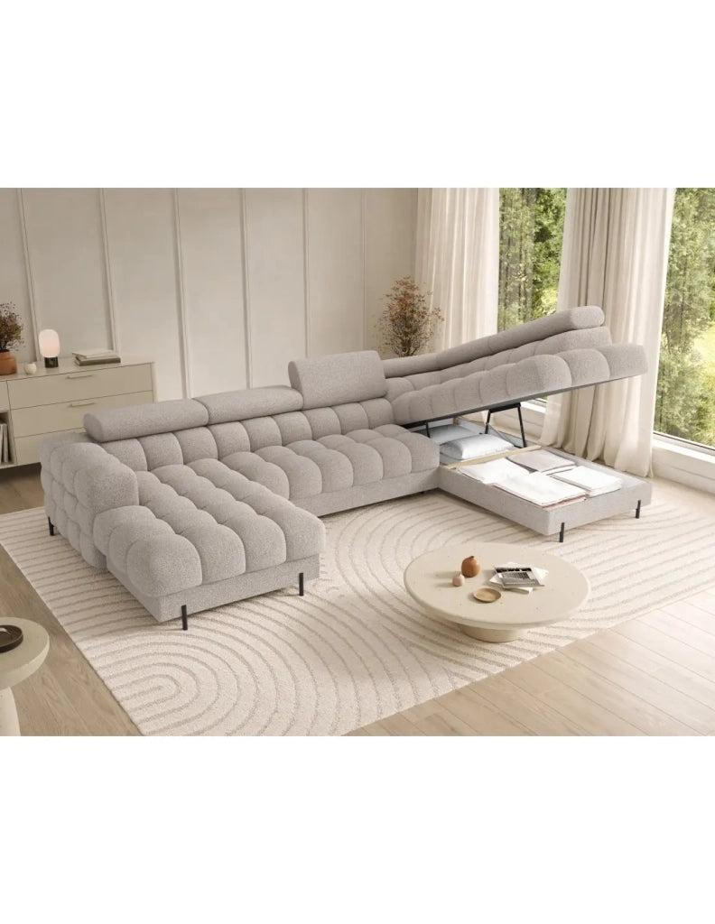 Divano panoramico convertibile Beige chiaro angolo destro FERARIA 358x93x202cm