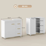 MOBILE SOTTOLAVABO CON INTAGLIO A U, ARMADIETTO E 3 CASSETTI, CHIUSURA AMMORTIZZATA, 70X30X65 CM, BIANCO