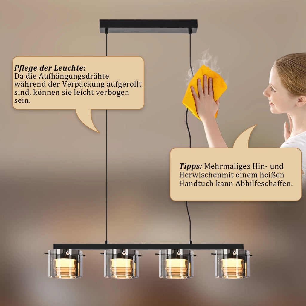 ZMH Lampada a Sospensione Vetro 4 Luce 140 cm LED Altezza Regolabile per Sala da Pranzo Soggiorno Camera da Letto