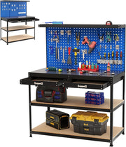 Banco da Lavoro, Organizer per Attrezzi in Metallo con 3 Pannelli Perforati con Kit di 24 Ganci, 2 Cassetti e 2 Ripiani, Banchi da Lavoro per Officina, Garage (Blu, 121 X 61 X 156 CM)