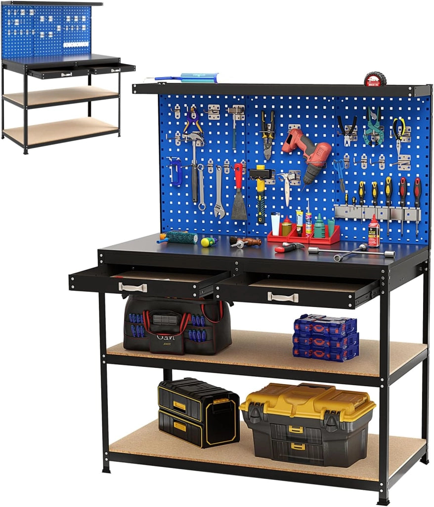 Banco da Lavoro, Organizer per Attrezzi in Metallo con 3 Pannelli Perforati con Kit di 24 Ganci, 2 Cassetti e 2 Ripiani, Banchi da Lavoro per Officina, Garage (Blu, 121 X 61 X 156 CM)