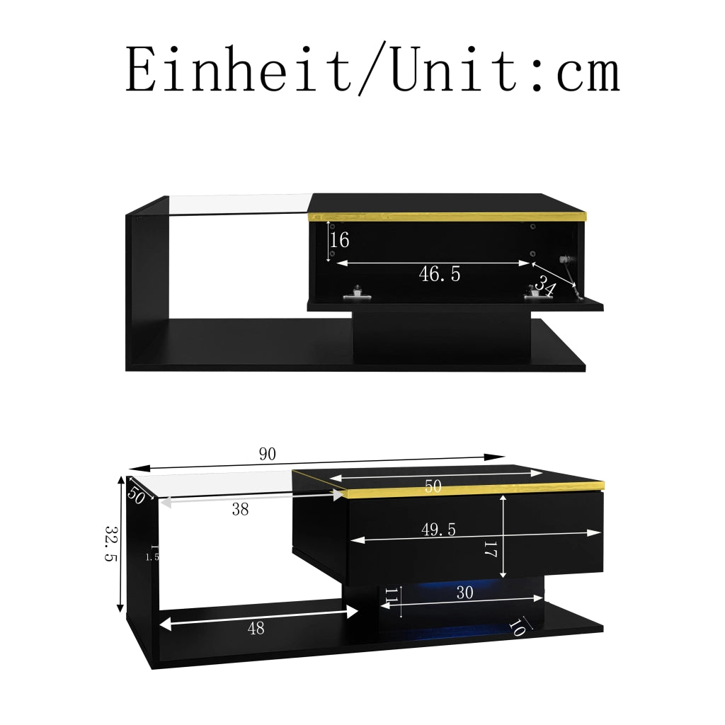 Tavolino da Salotto 90×50×32;5 cm con Piano in Vetro e LED 16 Colori; Nero Lucido; in Pannello truciolare; Nero