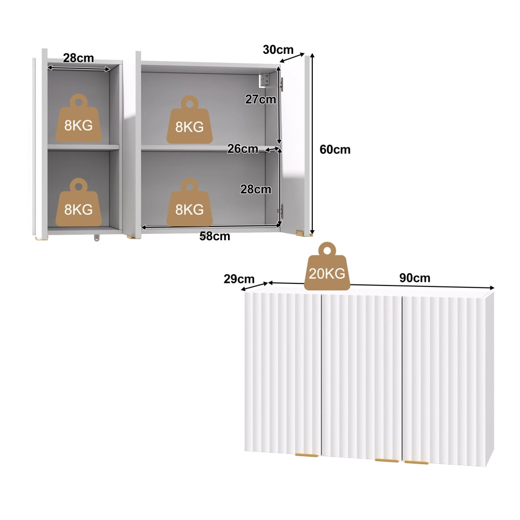 Armadio pensile da parete con 3 ante, design moderno salvaspazio, 90 × 29 × 60 cm, bianco