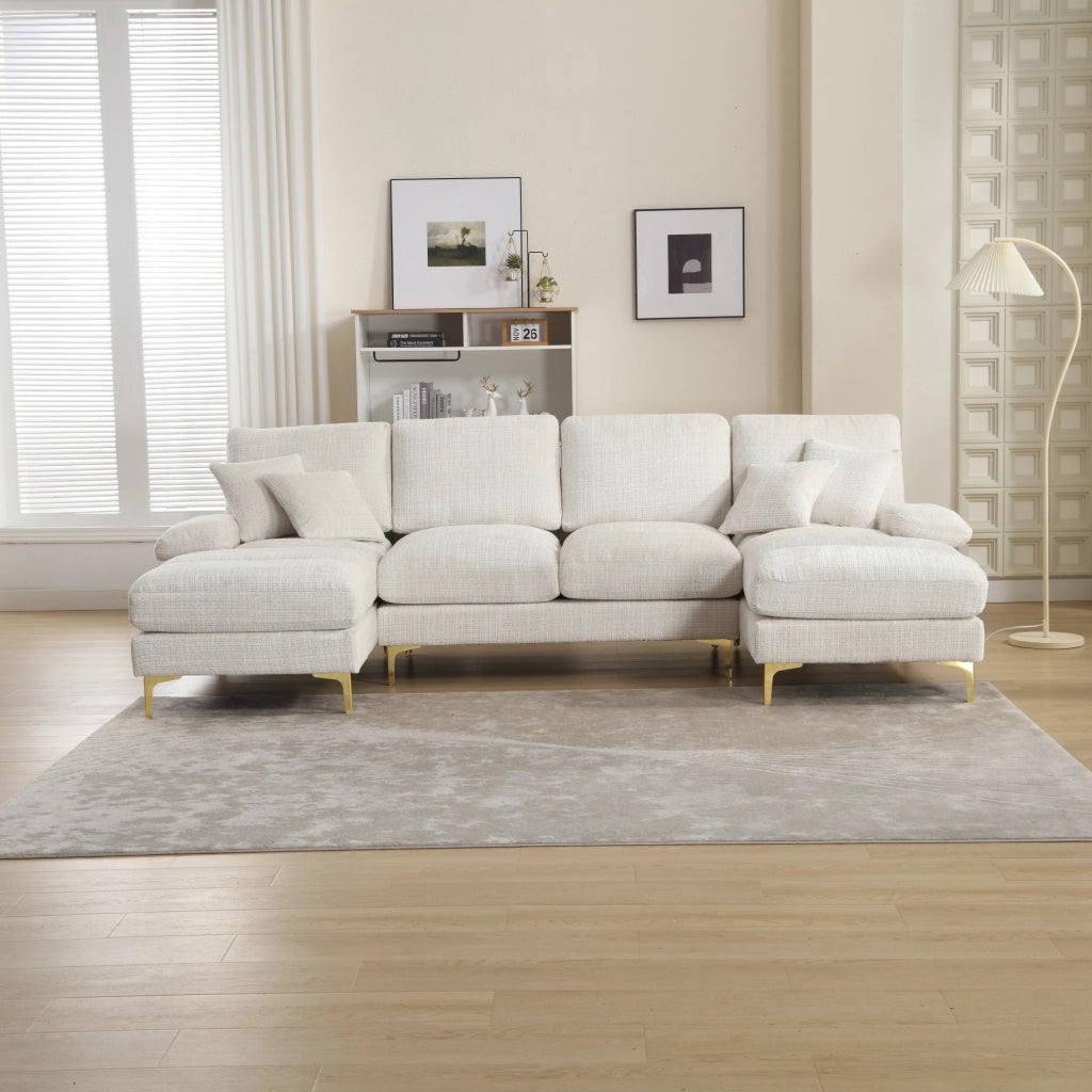 Divano a U 272x136x88 cm con due sedute reclinabili in chenille beige