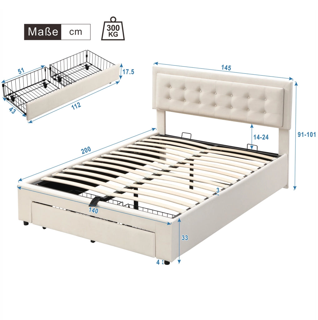 Letto imbottito 140x200 cm con contenitore idraulico e 2 cassetti in velluto beige
