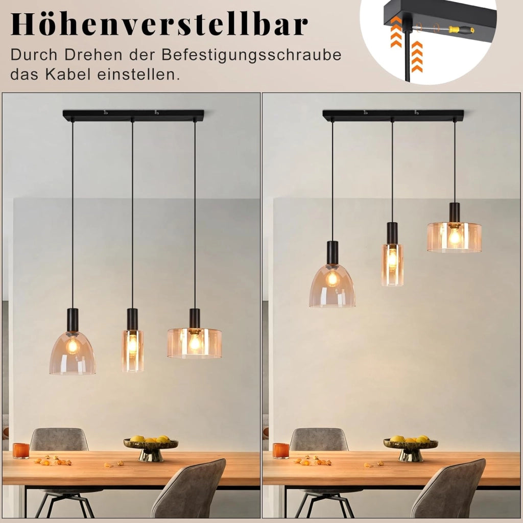 ZMH Lampada a Sospensione 3 Luci Vetro Ambra Industriale Altezza Regolabile per Soggiorno Sala da Pranzo Senza Lampadina