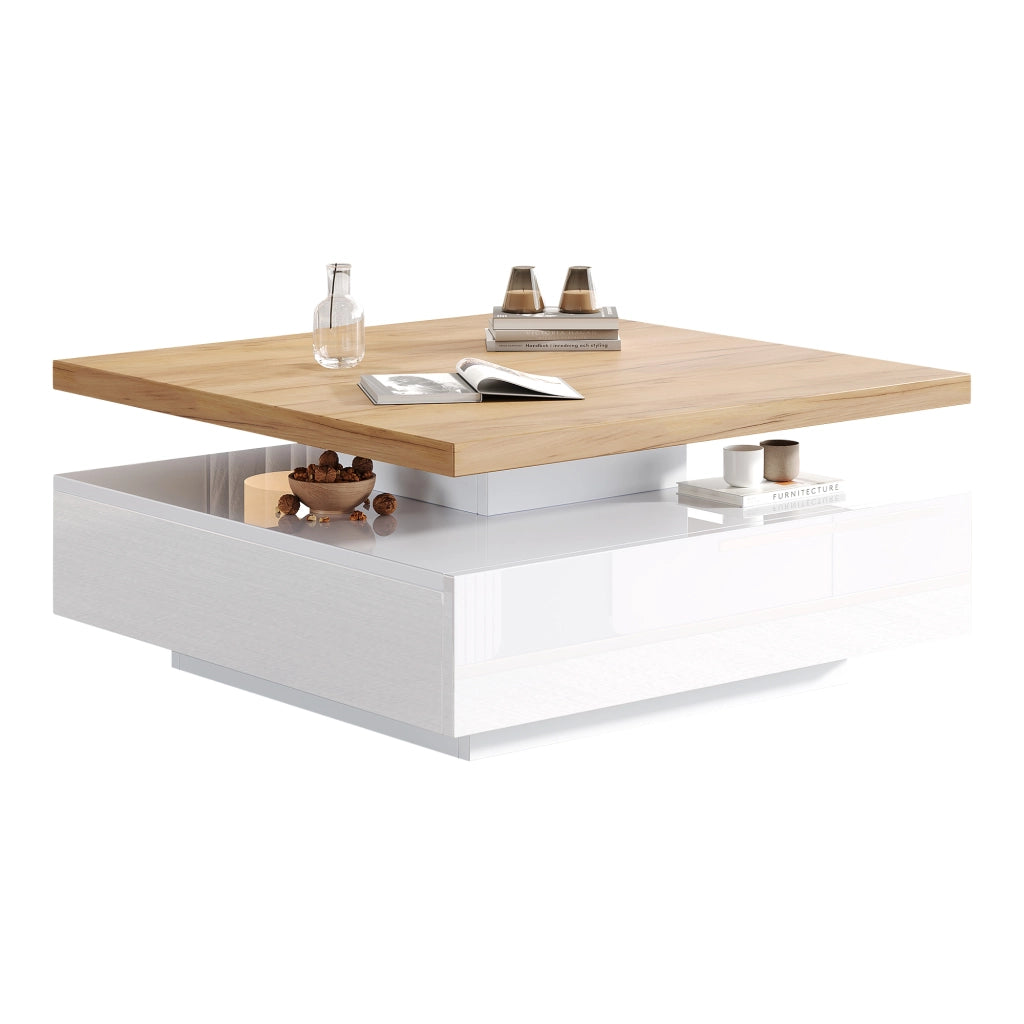 Tavolino basso con piano girevole 360° e cassetto, finitura lucida, in truciolato, noce e bianco, 70 × 70 × 36 cm