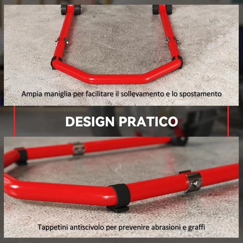 CAVALLETTO MOTO ANTERIORE E POSTERIORE CON CAPACITÓ 390 KG, FORCELLE A U E L, ROTELLE E CUSCINETTI ANTISCIVOLO, ROSSO