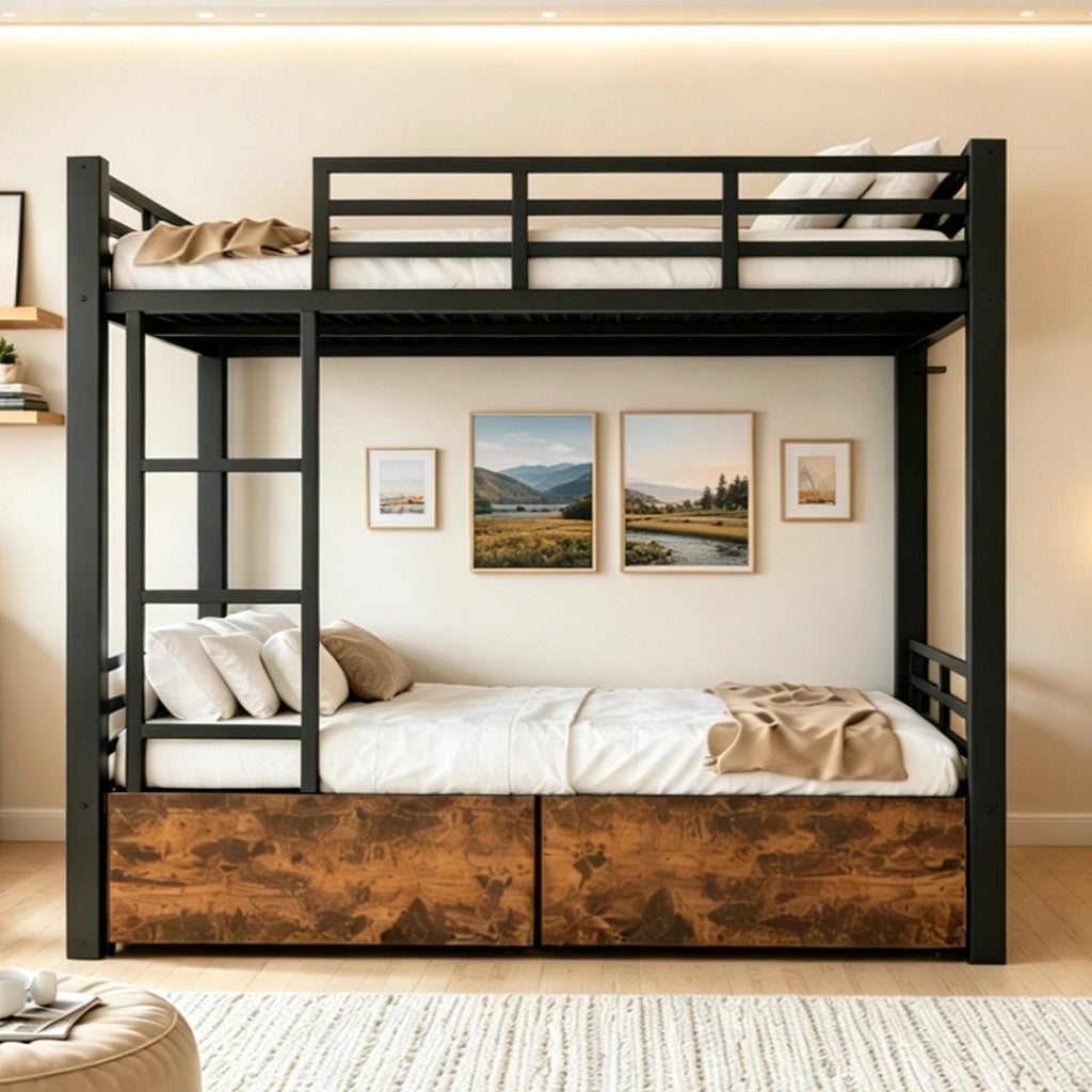 Letto a castello 90x200 cm, struttura in metallo, 2 cassetti, letto per bambini, nero
