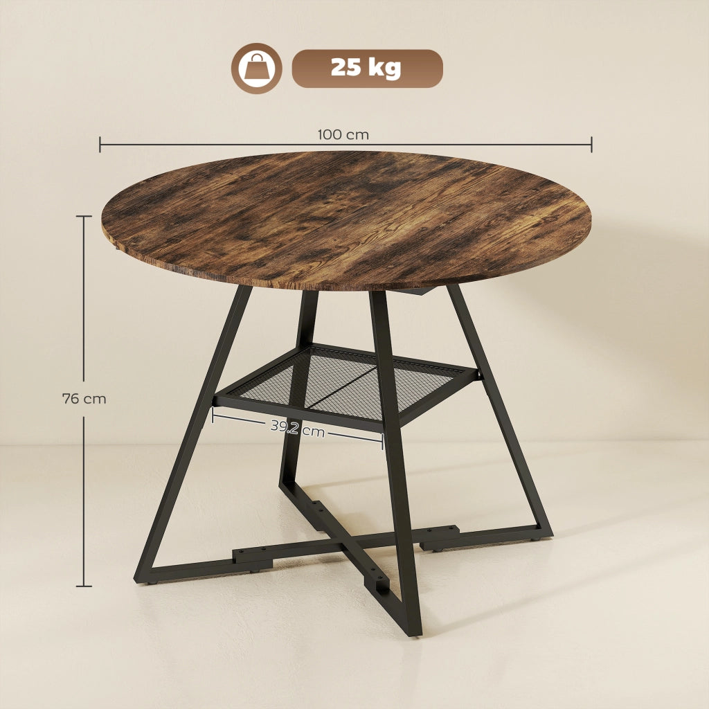 Tavolo da pranzo 4 posti, 100 cm rotondo, cucina industriale, ripiano portaoggetti, marrone rustico.
