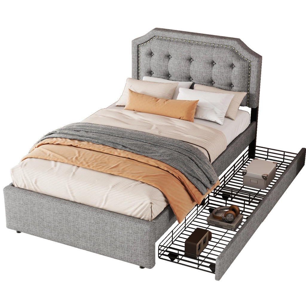 Letto imbottito 90x200 cm; con cassetti; MDF e lino; grigio