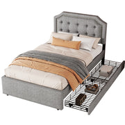 Letto imbottito 90x200 cm; con cassetti; MDF e lino; grigio