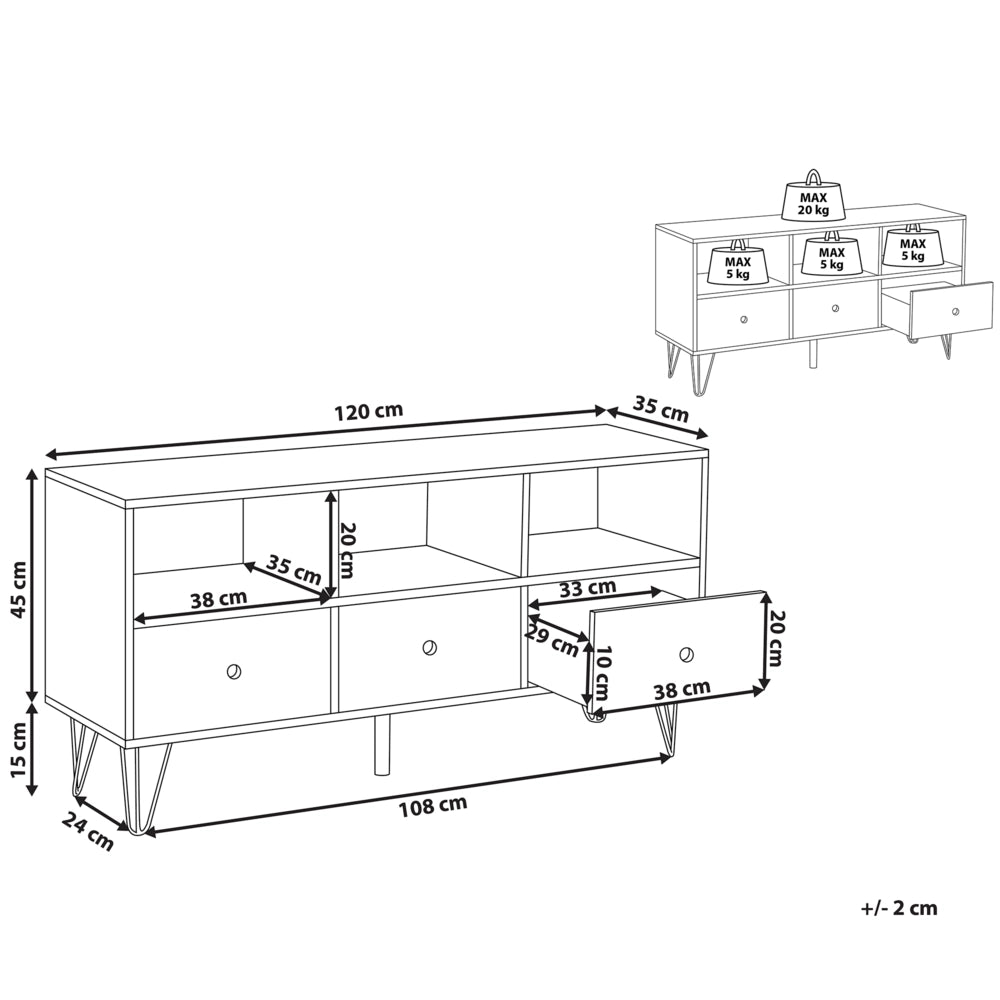 Mobile TV in legno scuro con bianco per TV fino a 50ʺ con ripiani a 3 cassetti