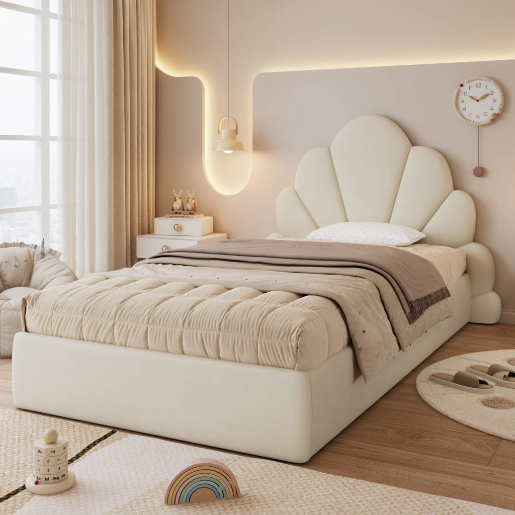 Letto Singolo 90 x 200 cm - Testiera a Petali e Tavolini Laterali - in Velluto - Beige