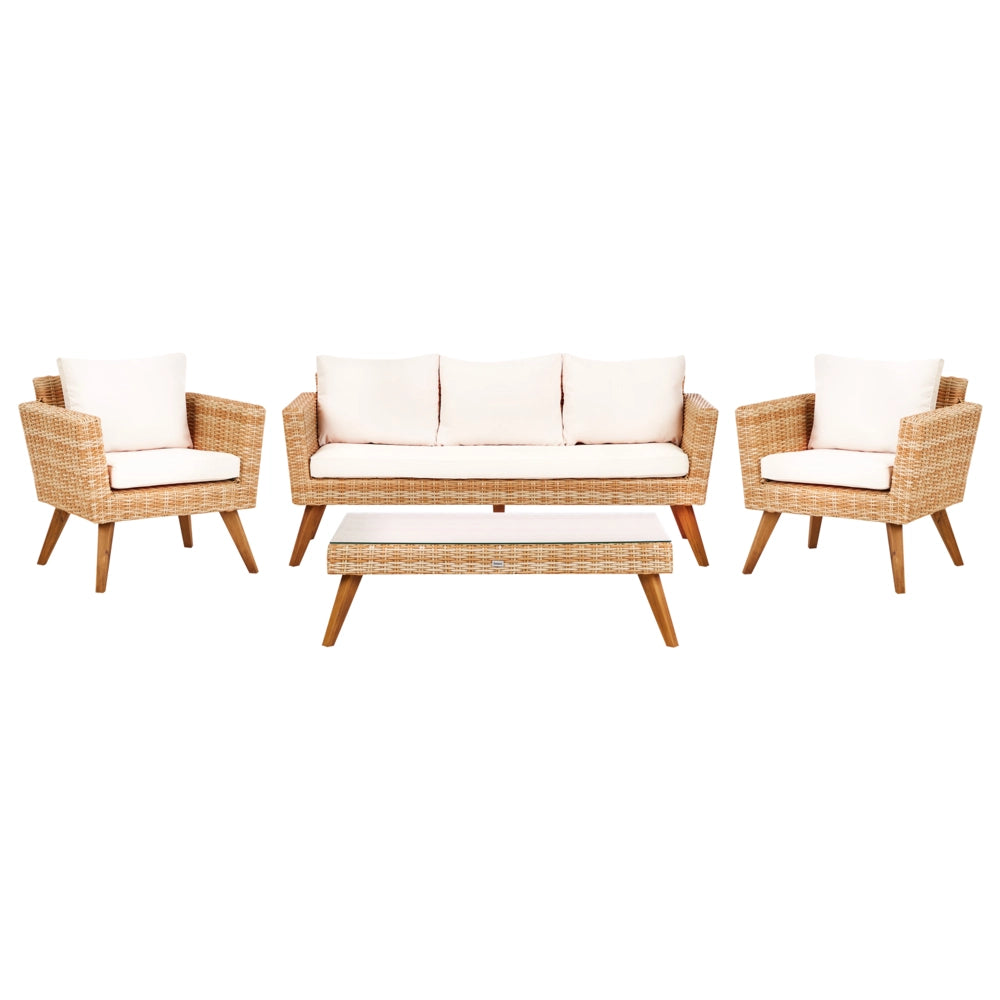 Set giardino in rattan bianco crema composto da divano 3 posti 2 poltrone tavolino esterno elegante