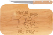 Piastra da snack in legno con incisione "Miglior padre del mondo" e coltello | 26 x 15 cm | Piastra per colazione, piastra da taglio in legno, piastra da snack | Regalo per uomini, padri, Giorno del Padre