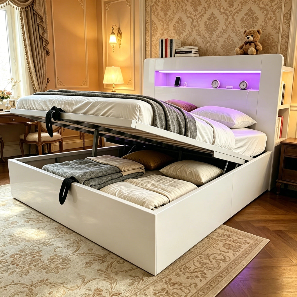 Letto contenitore matrimoniale 140×200 cm e 180×200 cm con LED; prese e ripiani; senza materasso; legno; bianco