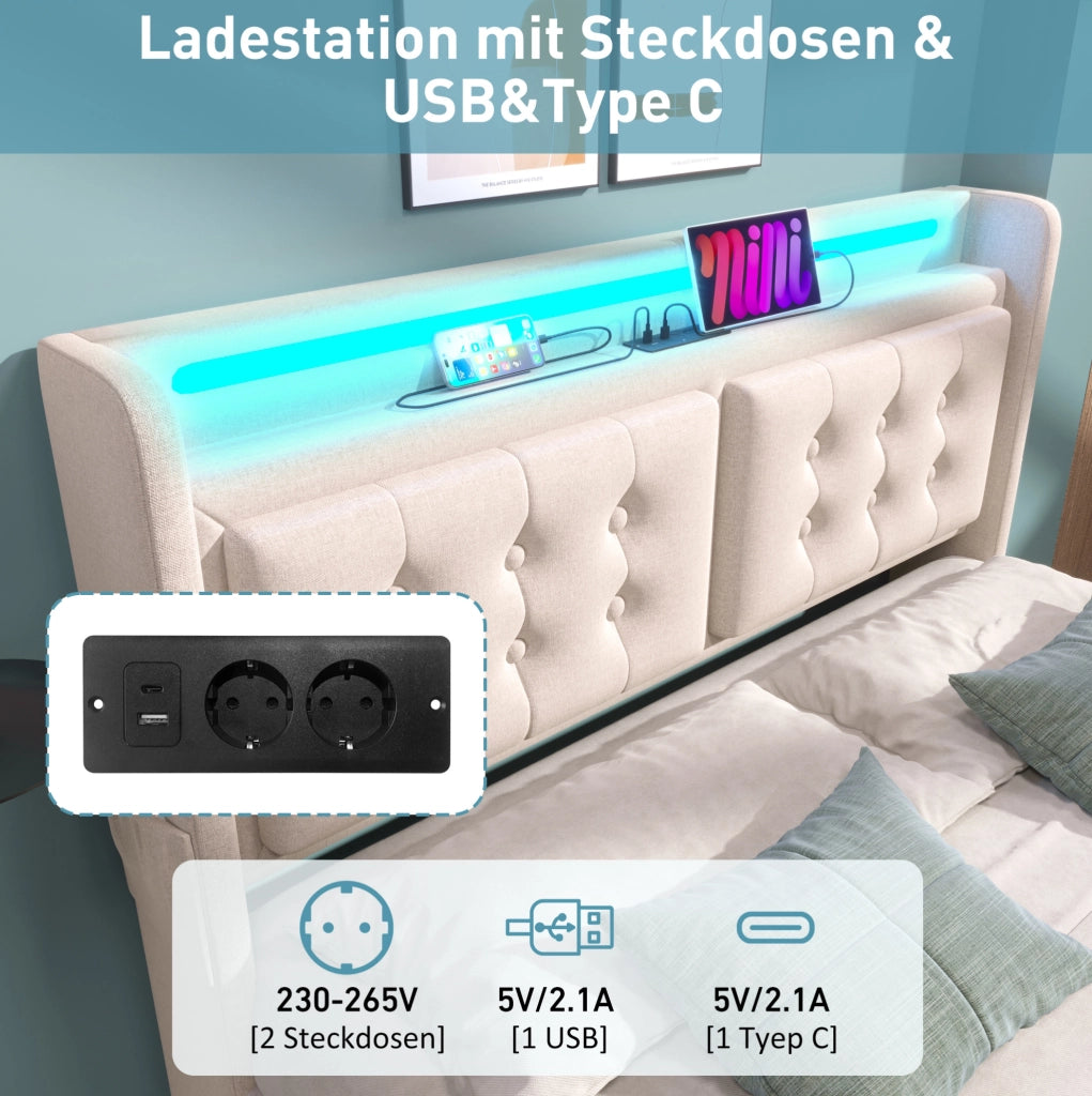 Letto 140x200 con LED, USB-C, 4 cassetti e materasso