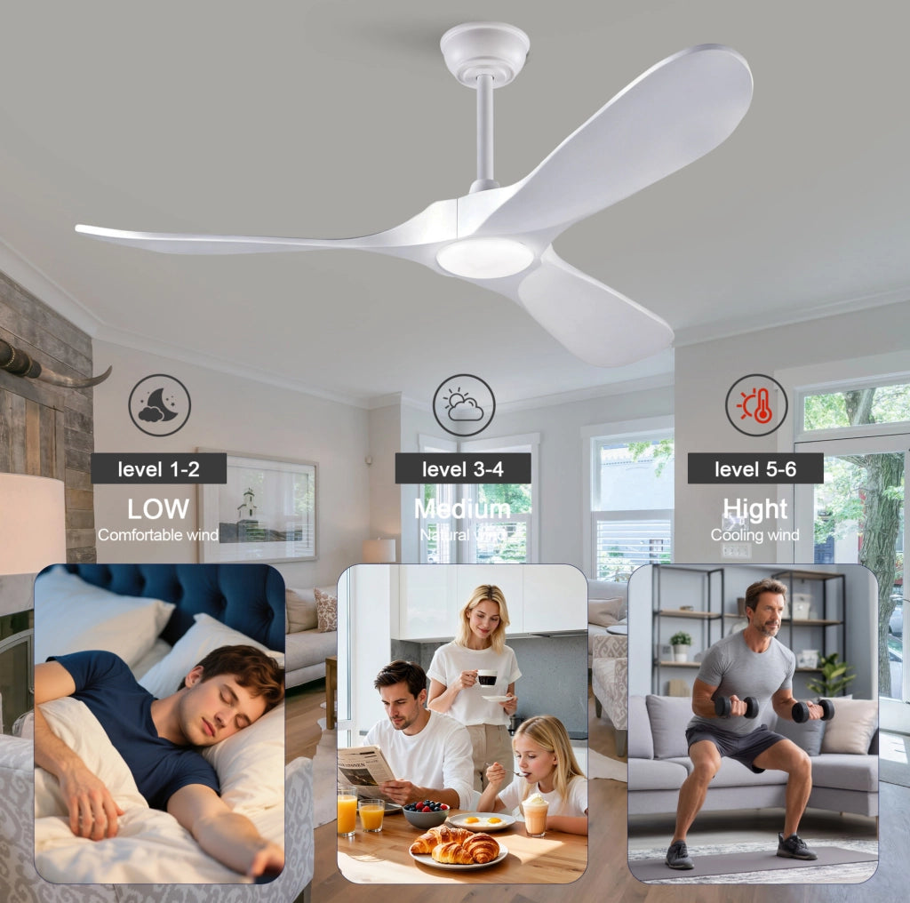 Ventilatore da soffitto 52 pollici con luce LED; 3 pale in legno massello bianco; telecomando