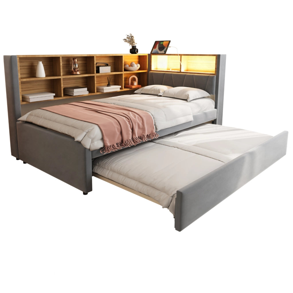 Divano letto estraibile 90x200 con LED e USB-C grigio scuro